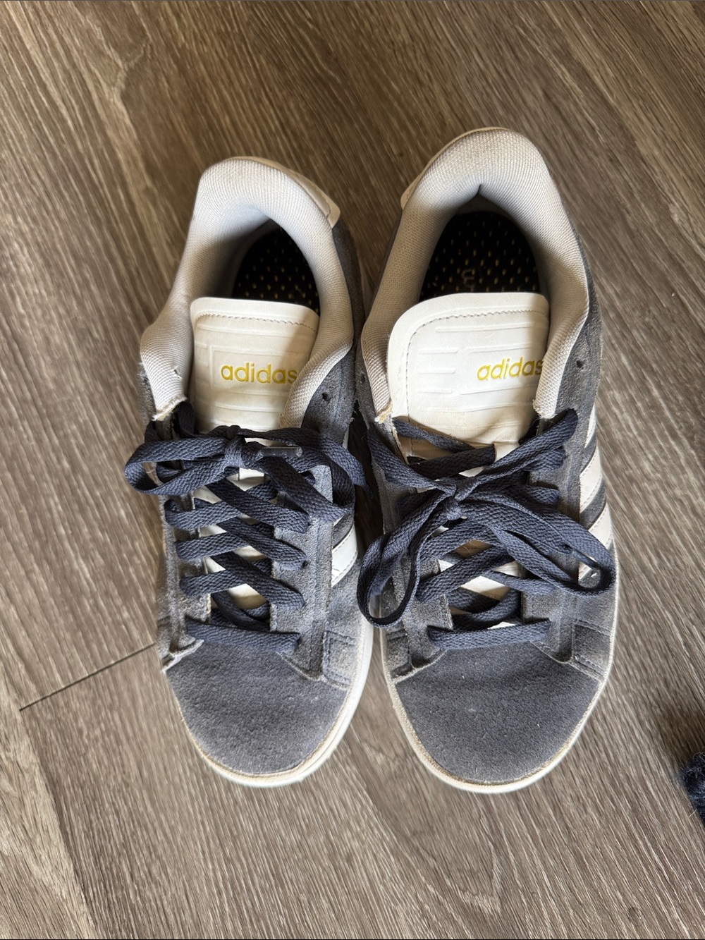 adidas Gray Suede Sneakers with Cream Tongue and White Stripes